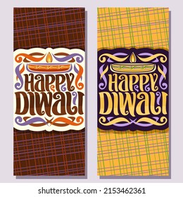 Banners For Indian Diwali, Invite For Religious Hindu Holiday With Oil Lamp, Filigree Flourishes, Original Brush Typeface For Wishes Message - Happy Diwali, Illustration For Festival Of Lights