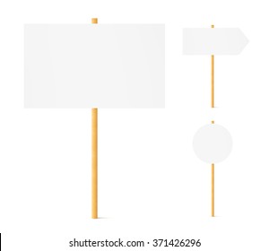 Banners Mock Up Set Wooden Sticks Isolated. Wood Pole Signpost Stick Board Mockup Stand Front. Clear Round Sign Post In Ground. Signage Signpost Empty Surface. Billboard Design Signpost Presentation.