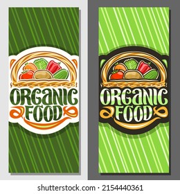 Banners for Organic Food, layouts with set of heap various veggies, decorative lettering for words organic food, illustration of design sign board with diet mix in basket on green background - Powered by Shutterstock