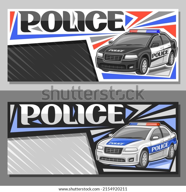 Banners for Police Car, layouts with\
illustration of modern sedan of municipal road department,\
decorative lettering for word police, brochures with copy space on\
gray abstract\
background