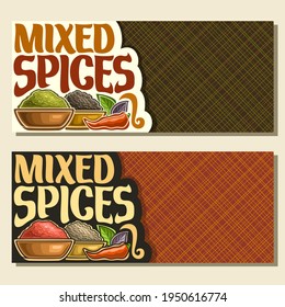 Banners For Spices, Original Brush Typeface For Title Text Mixed Spices, In Bowls Of Indian Condiments Ground Fennel Seed, Powder Of Paprika Spice, Black Pepper, Leaves Of Basil And Hot Chilli.