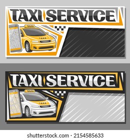 Banners For Taxi Service With Copy Space, Layouts With Standing Cartoon Cab And Cell Phone, Original Letters For Words Taxi Service, Innovation Design Signboard For Cheap Transportation Company