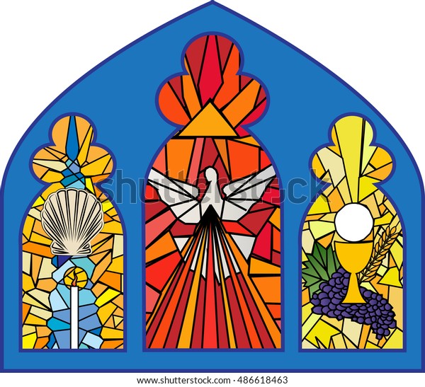 Baptism,\
confirmation and eucharist. sacraments of christian initiation,\
color church stained glass window\
illustration.