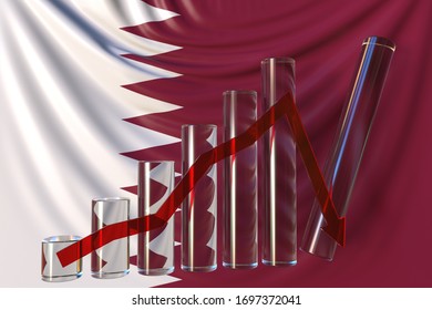 Bar Chart With Downward Trend Against Flag Of Qatar. Financial Crisis Or Economic Meltdown Related Conceptual 3D Rendering