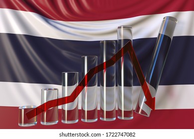 Bar Chart With Downward Trend Against Flag Of Thailand. Financial Crisis Or Economic Meltdown Related Conceptual 3D Rendering