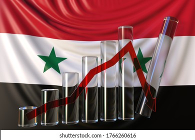 Bar Chart With Downward Trend Against Flag Of Syria. Financial Crisis Or Economic Meltdown Related Conceptual 3D Rendering