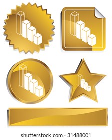 Bar Chart Set : Gold Satin Metal Buttons In Star, Starburst, Circle And Sticker, Label Shapes.