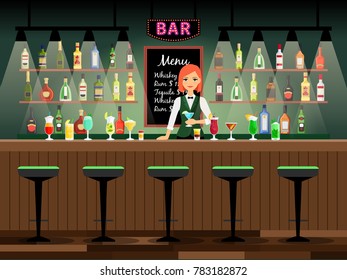 Bar counter with bartender lady and wine bottles on the shelves behind her. illustration - Powered by Shutterstock