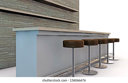 Bar Counter With Chairs Isolated On White Background