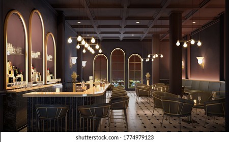 Bar counter with chairs.Modern classic style interior.3d rendering - Powered by Shutterstock