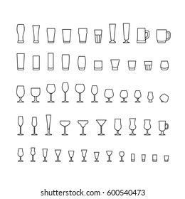 Bar Glassware Line Icons Set.  Raster Version