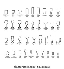 Bar Glassware With Names, Line Icons Set On White Background. Raster Version