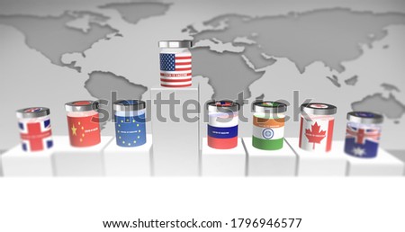 Bar graph chart representing USA as leading in search for corona virus vaccine. Vaccine bottles with country flags. Corona virus vaccine race. 3D illustration
