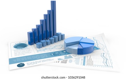 Bar Graph, Pie Chart And Report Paper Isolated On White, 3d Illustration