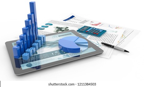 bar graph, tablet and report paper isolated on white, 3d illustration - Powered by Shutterstock