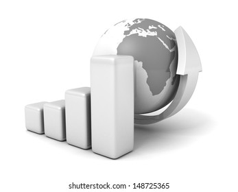 bar graph and world globe with growing arrow up