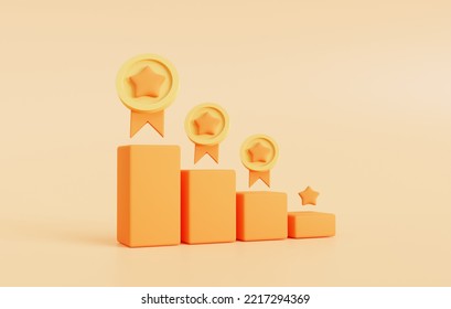 Bar Graphs And Quality Assurance Labels Gold Coin With Star Icon In Cartoon Style Show Business Earnings Report Chart. 3D Rendering Illustration