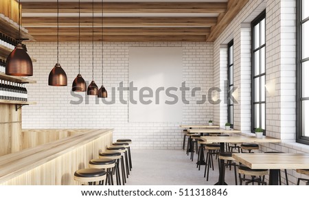 Bar interior with counter, stools and square tables. Vertical poster on white brick wall. Concept of drinking. 3d rendering. Mock up