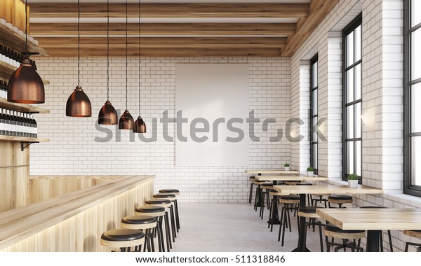 Bar interior with counter, stools and square tables. 3d foam brick wall panels. Concept of drinking. 