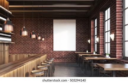 Bar Interior With Stools, Tables And Large Vertical Poster On Dark Brick Wall. Concept Of Pub Culture. 3d Rendering. Mock Up. Toned Image