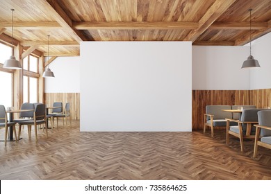 Bar Interior With White And Wooden Walls, Square Tables And A Gray Sofas. A Blank White Wall In The Center. 3d Rendering Mock Up