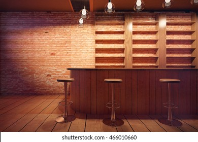 Bar Interior With Wooden Counter, Stools And Shelves On Brick Wall Background. 3D Rendering