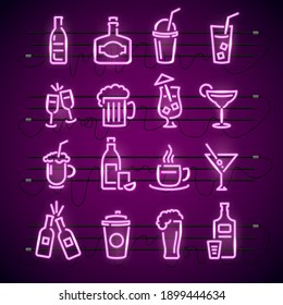 Bar Neon Signs Thin Line Icon Set Can Be Used for Pub Design. illustration of Neons Icons Drink