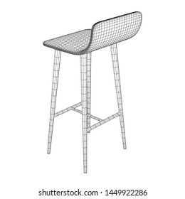 Bar Stool Furniture Wireframe Blueprint. Linear Outline 3d Render Illustration. High Chair. Bar Interior Design.