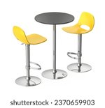 Bar table and yellow stools on white background, 3D illustration