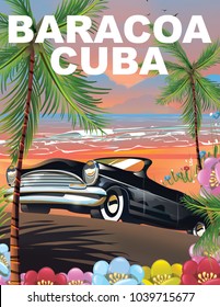 Baracoa Cuban Travel Poster Of A Vintage Black Cuban Automobile On A Road By The Beach.