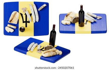 Barbado flag is the backdrop for a delectable selection of gourmet cheeses, cured meats, artisan bread, and a bottle of red wine. - Powered by Shutterstock