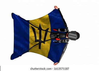 Barbados Airport. Bird Men In Wing Suit Flag. Sky Diving Men In Parashute. Patriotism, Men And Flag Barbados.
