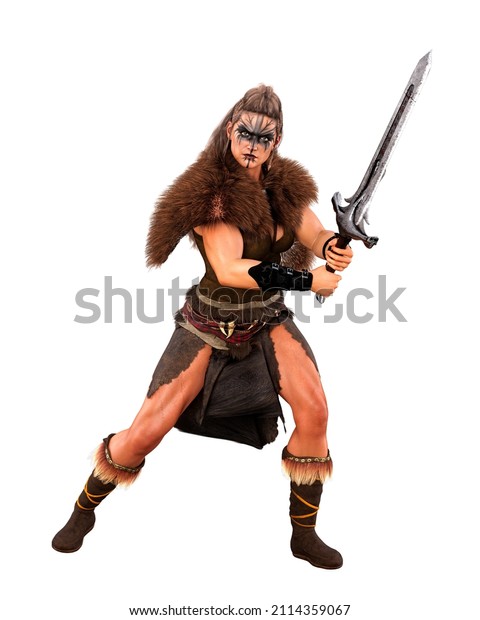 Barbarian female\
Viking warrior holding a sword in two hands in fighting pose. 3D\
rendering isolated on\
white.