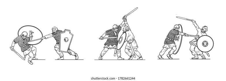 Barbarians attack the Roman soldiers  Historical outline drawing 
