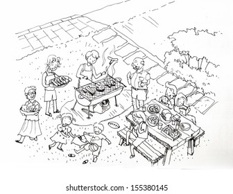 Barbecue party at the yard illustration. Family and friends barbecue party at the yard - Powered by Shutterstock