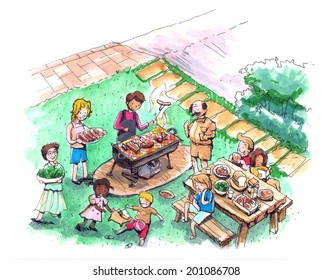 Barbecue party at the yard illustration. Family and friends barbecue  - Powered by Shutterstock