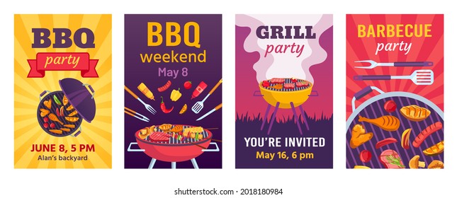 Barbecue posters. BBQ party invitations for summer outdoor picnic in park or back yard with food on grill. Cookout event flyers  set. Illustration bbq picnic poster template, grill barbecue - Powered by Shutterstock