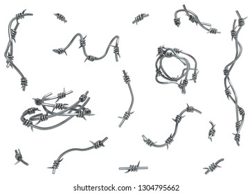 Barbed wire segments set, grey metal 3d illustration, isolated, horizontal, over white