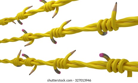 Barbed Wire Yellow Pencil Shows Writers Block Or Boundaries On Journalism Or Writing