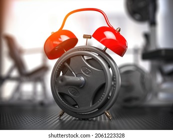 Barbell discs and alarm clock in gym.  Time for workout gym concept. 3d illustration