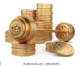Barbell on a big piles coins. Business concept. Earnings in sports competitions. 3d illustration isolated on a white background.