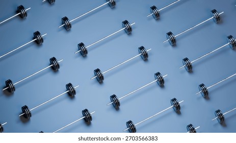 Barbells are lined up in precise rows on a blue surface, creating an organized and appealing workout space for gym-goers interested in strength training. 3d render. - Powered by Shutterstock - Get 15% off with code: PIKWIZARD15