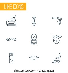 Barber Icons Line Style Set With Perfume, Face Powder, Lips And Other Blow Dryer Elements. Isolated  Illustration Barber Icons.