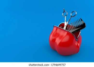 Barber scissors inside red purse isolated on blue background. 3d illustration