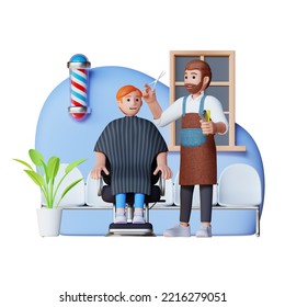 barber shop cut customer's hair and talk to each other, 3d character illustration - Powered by Shutterstock