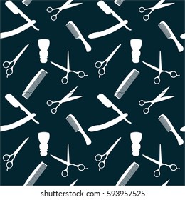 Barber Shop or Hairdresser background, seamless pattern with hairdressing scissors, shaving brush, razor, comb for man salon illustration