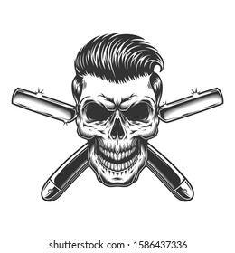 Barber skull with stylish hairstyle and crossed razors in vintage monochrome style isolated  illustration - Powered by Shutterstock