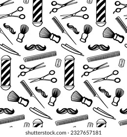 Barbershop seamless pattern, black on white repeating pattern. Print for men s barber shop. A set of accessories for men s hairdresser on white background - Powered by Shutterstock