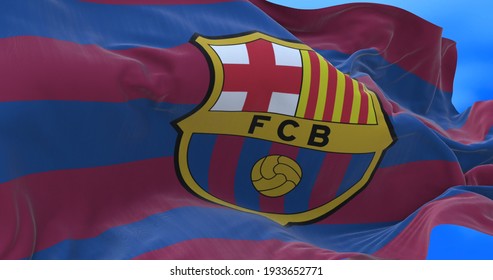 Barcelona , SPAIN - 17 February 2021 - Animated Flag Of Spanish Football Club FC Barcelona.
