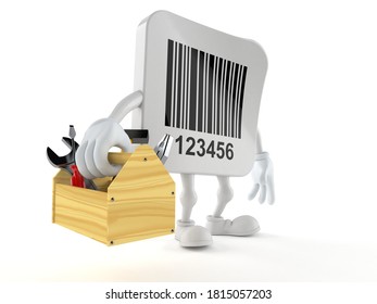 Barcode character holding toolbox isolated on white background. 3d illustration